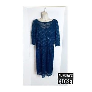 Alex Evenings 12P Dark Blue Sequin Dress Floral Lace Overlay 3/4 Sleeve